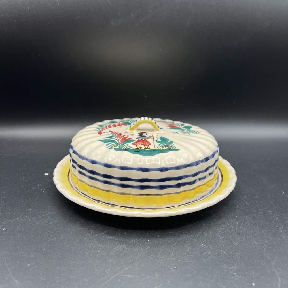 VTG Henriot Quimper France Butter Dish Attached Under Plate & Lid Breton Man
